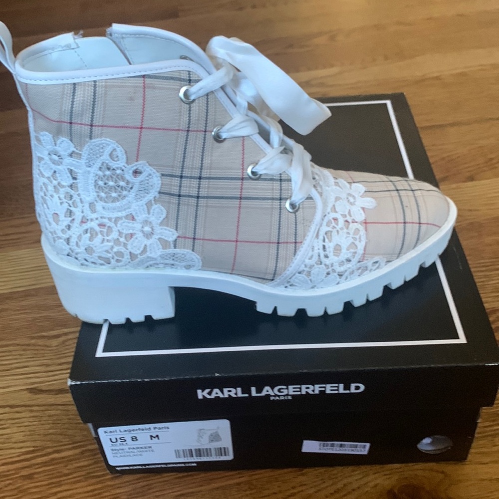 Karl Lagerfeld booties. Plaid with with lace flowers.